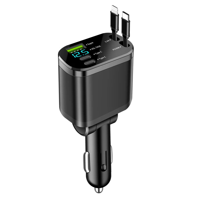 5-in-1 Retractable Fast Car Charger (PD + Super Charge)
