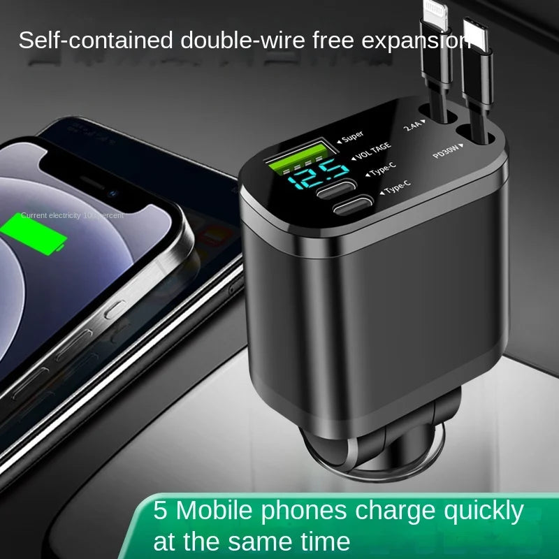 5-in-1 Retractable Fast Car Charger (PD + Super Charge)